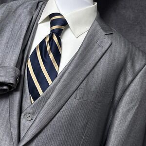 Tessori Suit 44L 43x36 Silver‎ Herringbone 3 Piece Handmade Custom Italy Tall